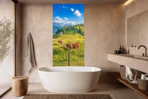 Junge Kälber auf einer Alm bei Jachenau - Almabend - Wandbild - Größe ca. 100x200cm, Seitenverhältnis 1:2 - Almweide Jachenau - weitere Infos unter https://www.kriner-weiermann.de