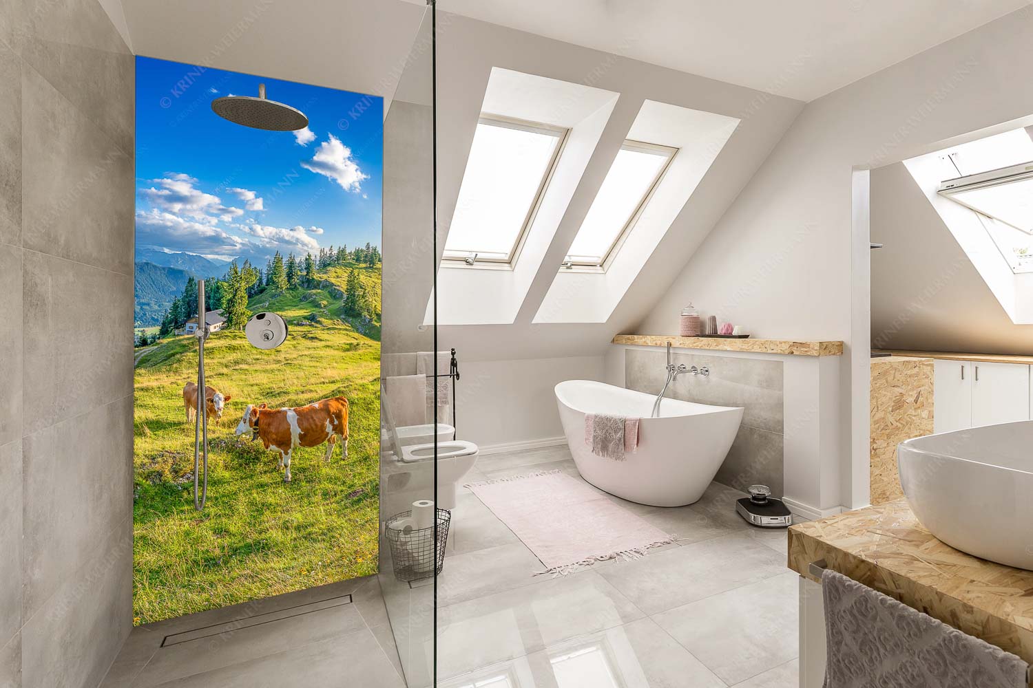 Almabend – Alu-Dibond Badezimmer Bild – Größe ca. 110x220cm, Seitenverhältnis 1:2 — Almweide Jachenau Junge Kälber auf einer Alm bei Jachenau - Almabend - Alu-Dibond Badezimmer Bild - Größe ca. 110x220cm, Seitenverhältnis 1:2 - Almweide Jachenau - weitere Infos unter https://www.kriner-weiermann.de