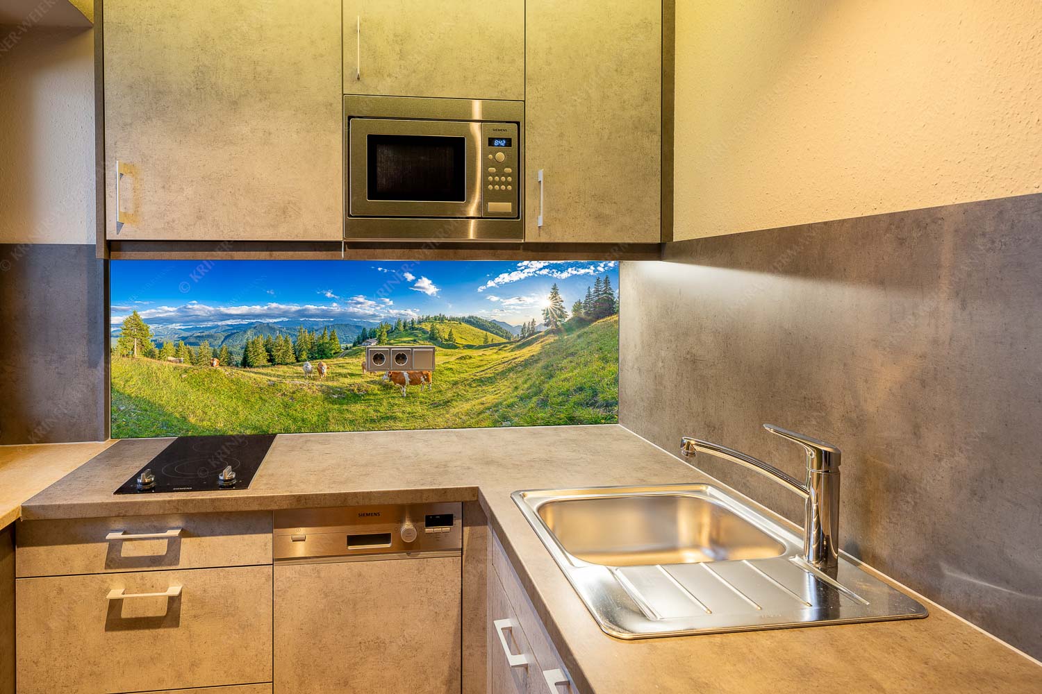 Junge Kälber auf einer Alm bei Jachenau - Almabend - Küchenrückwand - Größe ca. 150x60cm, Seitenverhältnis 2,5:1 - Almweide Jachenau - weitere Infos unter https://www.kriner-weiermann.de