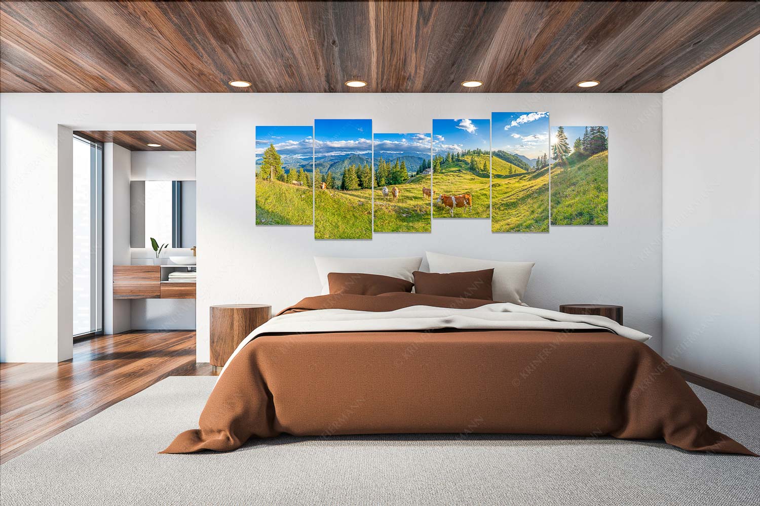 Almabend – Wandbild – 6er Split, Größe ca. 280x112cm, Seitenverhältnis 2,5:1 — Almweide Jachenau Junge Kälber auf einer Alm bei Jachenau - Almabend - Wandbild - 6er Split, Größe ca. 280x112cm, Seitenverhältnis 2,5:1 - Almweide Jachenau - weitere Infos unter https://www.kriner-weiermann.de