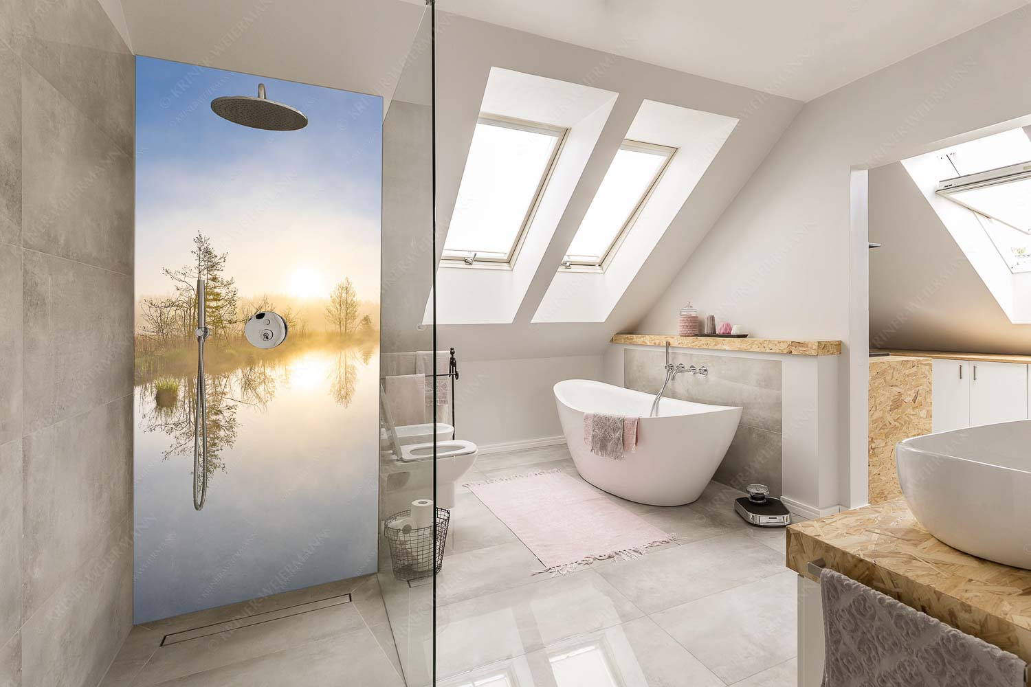 Barmseenebel – Alu-Dibond Badezimmer Bild – Größe ca. 110x220cm, Seitenverhältnis 1:2 — Barmsee Krün Blick über den Barmsee zum Sonnenaufgang im Soierngebirge - Barmseenebel - Alu-Dibond Badezimmer Bild - Größe ca. 110x220cm, Seitenverhältnis 1:2 - Barmsee Krün - weitere Infos unter https://www.kriner-weiermann.de