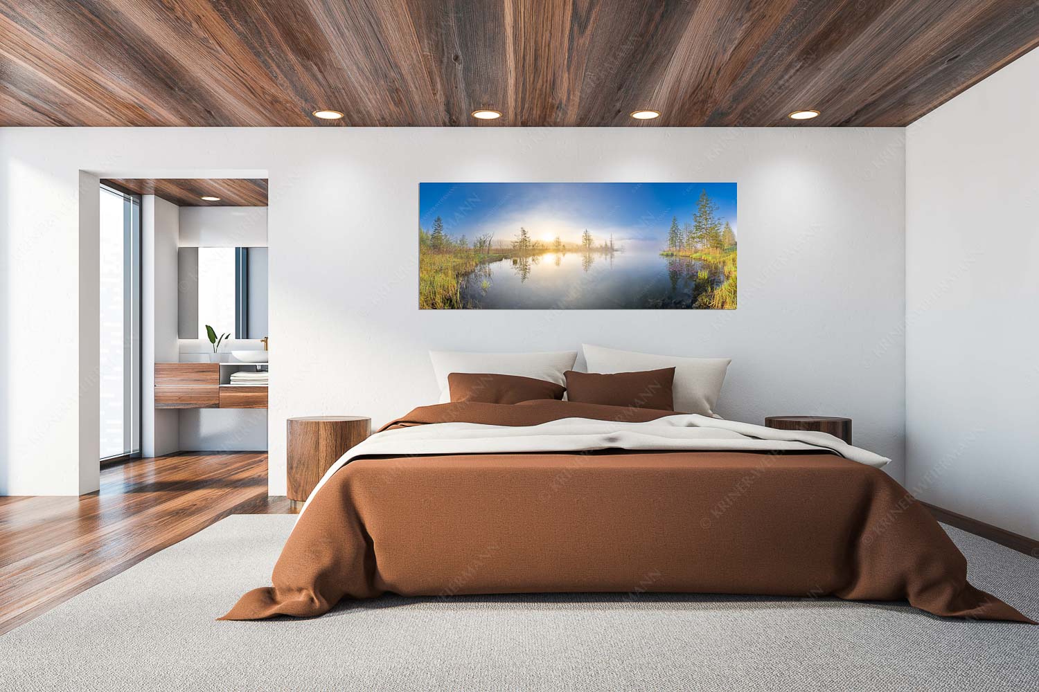 Blick über den Barmsee zum Sonnenaufgang im Soierngebirge - Barmseenebel - Wandbild - Größe ca. 200x80cm, Seitenverhältnis 2,5:1 - Barmsee Krün - weitere Infos unter https://www.kriner-weiermann.de