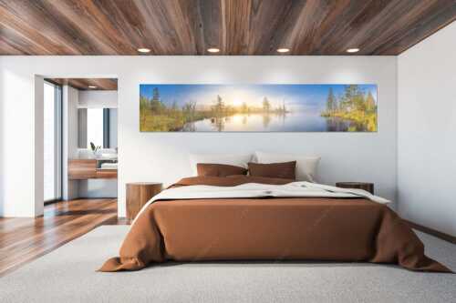 Blick über den Barmsee zum Sonnenaufgang im Soierngebirge - Barmseenebel - Wandbild - Größe ca. 300x60cm, Seitenverhältnis 5:1 - Barmsee Krün - weitere Infos unter https://www.kriner-weiermann.de