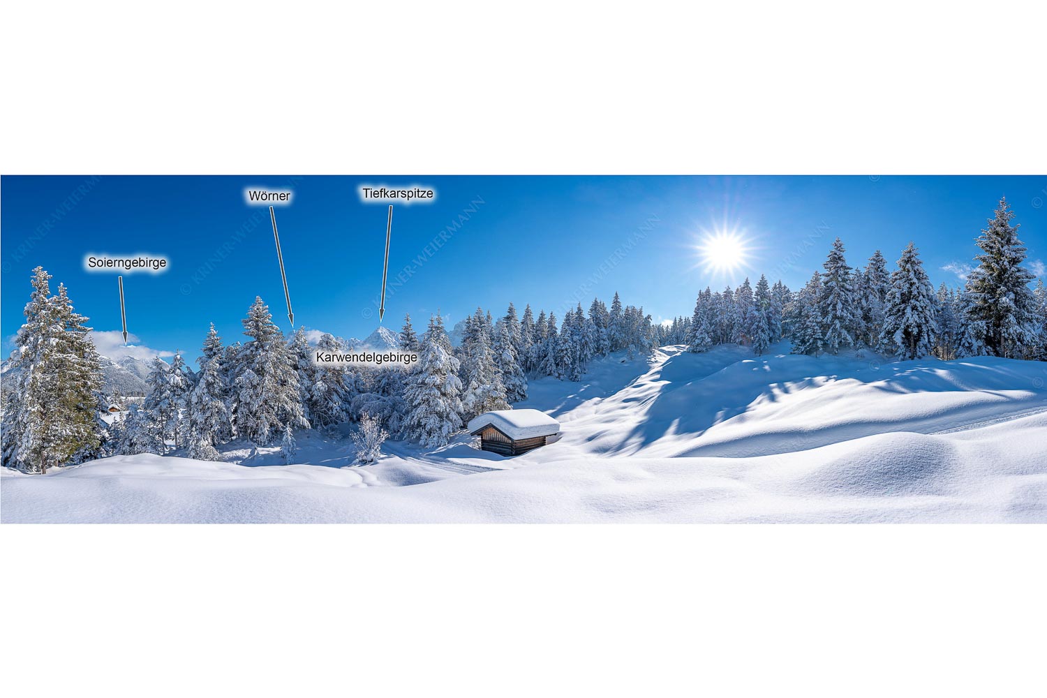 Massig Schnee — Wiesmahdstadel bei Mittenwald mit Tiefkarspitze im Karwendel im Hintergrund - Massig Schnee -