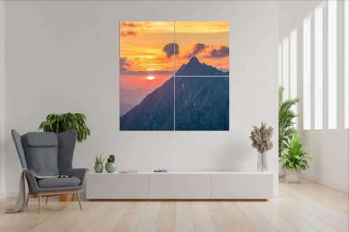 Sonnenaufgang über dem Karwendel mit Soiernspitze, Wörner und Hochkarspitze - Feuerball erwacht - Wandbild - 4er Split, Größe ca. 180x180cm, Seitenverhältnis 1:1 - Karwendel Sonnenaufgang Soiernspitze Wörner - weitere Infos unter https://www.kriner-weiermann.de