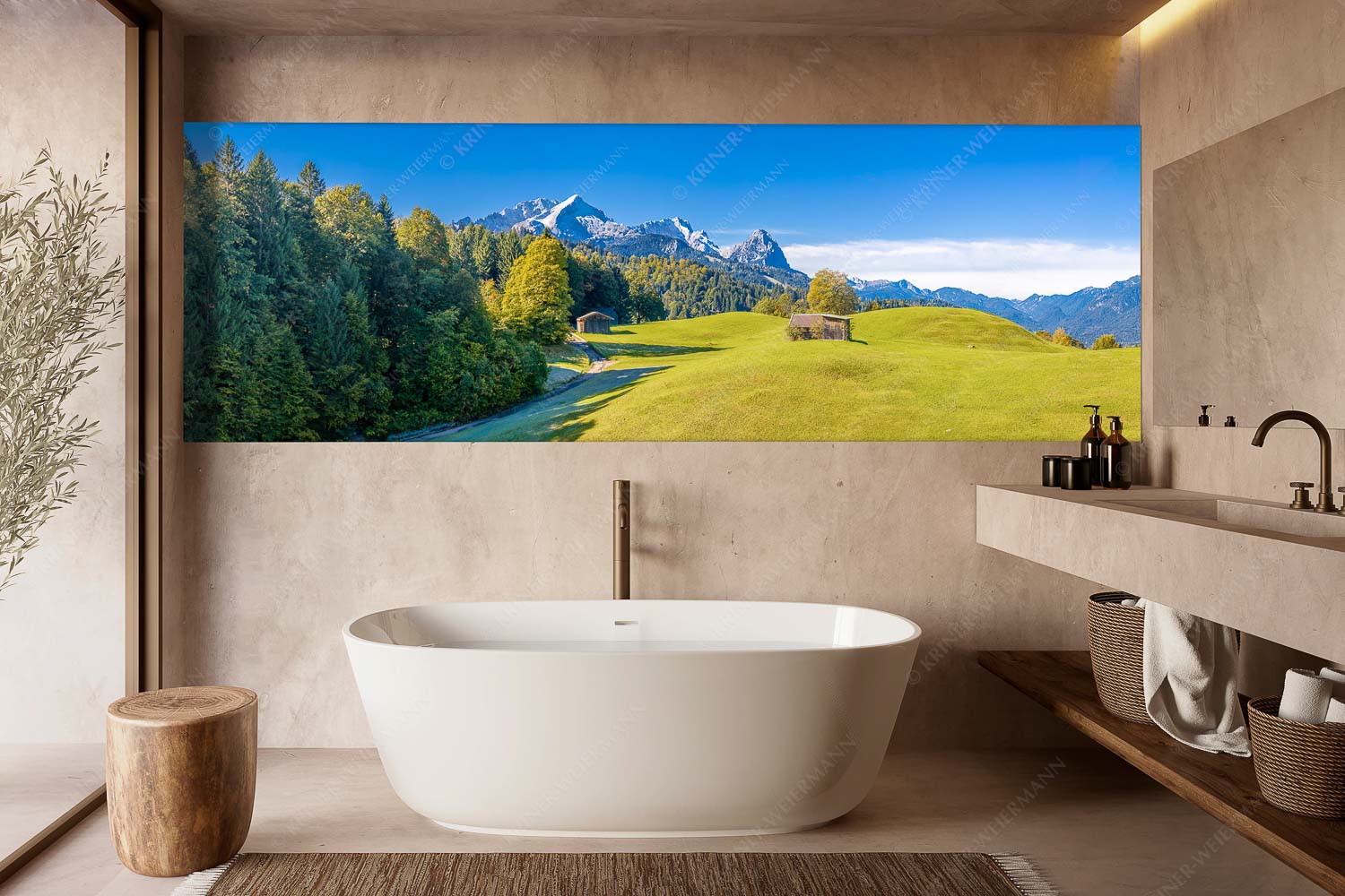 Herbstanfang – Wandbild – Größe ca. 300x100cm, Seitenverhältnis 3:1 — Alpspitze Zugspitze Waxenstein Wiesen bei Wamberg mit Blick zum Zugspitzmassiv - Herbstanfang - Wandbild - Größe ca. 300x100cm, Seitenverhältnis 3:1 - Alpspitze Zugspitze Waxenstein - weitere Infos unter https://www.kriner-weiermann.de