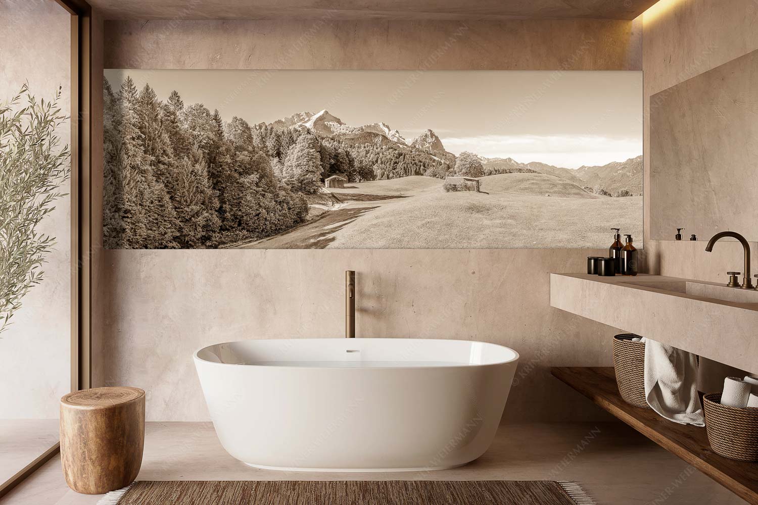 Herbstanfang – Wandbild – Größe ca. 300x100cm, Seitenverhältnis 3:1 — Alpspitze Zugspitze Waxenstein Wiesen bei Wamberg mit Blick zum Zugspitzmassiv - Herbstanfang - Wandbild - Größe ca. 300x100cm, Seitenverhältnis 3:1 - Alpspitze Zugspitze Waxenstein - weitere Infos unter https://www.kriner-weiermann.de