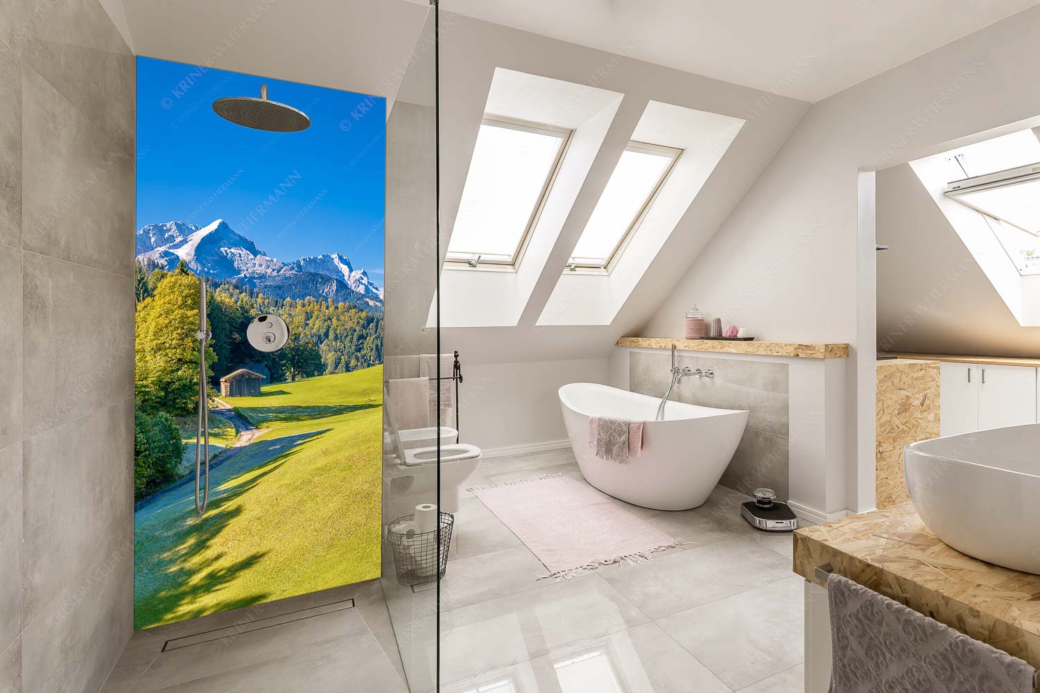 Herbstanfang – Alu-Dibond Badezimmer Bild – Größe ca. 110x220cm, Seitenverhältnis 1:2 — Alpspitze Zugspitze Waxenstein Wiesen bei Wamberg mit Blick zum Zugspitzmassiv - Herbstanfang - Alu-Dibond Badezimmer Bild - Größe ca. 110x220cm, Seitenverhältnis 1:2 - Alpspitze Zugspitze Waxenstein - weitere Infos unter https://www.kriner-weiermann.de