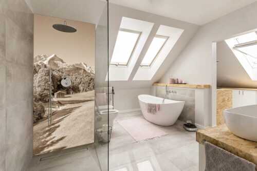 Wiesen bei Wamberg mit Blick zum Zugspitzmassiv - Herbstanfang - Alu-Dibond Badezimmer Bild - Größe ca. 110x220cm, Seitenverhältnis 1:2 - Alpspitze Zugspitze Waxenstein - weitere Infos unter https://www.kriner-weiermann.de