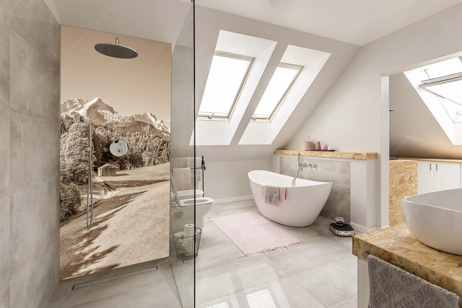 Wiesen bei Wamberg mit Blick zum Zugspitzmassiv - Herbstanfang - Alu-Dibond Badezimmer Bild - Größe ca. 110x220cm, Seitenverhältnis 1:2 - Alpspitze Zugspitze Waxenstein - weitere Infos unter https://www.kriner-weiermann.de