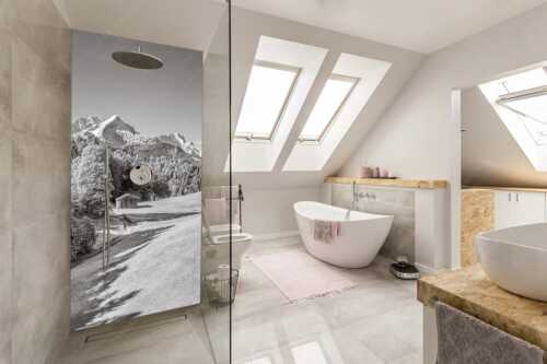 Wiesen bei Wamberg mit Blick zum Zugspitzmassiv - Herbstanfang - Alu-Dibond Badezimmer Bild - Größe ca. 110x220cm, Seitenverhältnis 1:2 - Alpspitze Zugspitze Waxenstein - weitere Infos unter https://www.kriner-weiermann.de