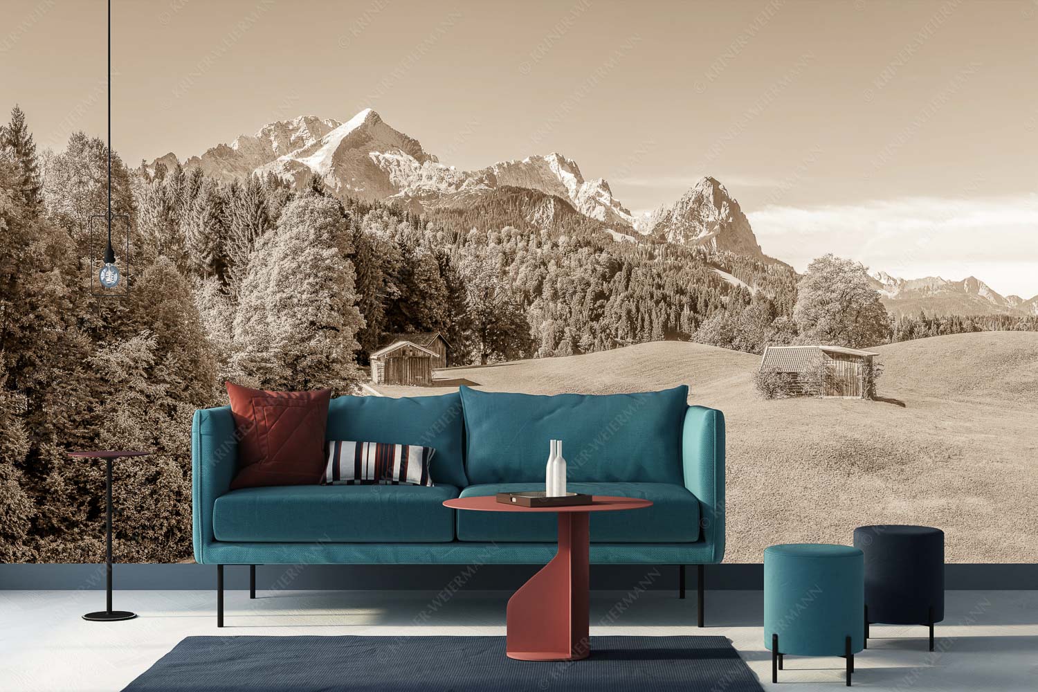 Herbstanfang – Fototapete – Größe ca. 400x200cm, Seitenverhältnis 2:1 — Alpspitze Zugspitze Waxenstein Wiesen bei Wamberg mit Blick zum Zugspitzmassiv - Herbstanfang - Fototapete - Größe ca. 400x200cm, Seitenverhältnis 2:1 - Alpspitze Zugspitze Waxenstein - weitere Infos unter https://www.kriner-weiermann.de