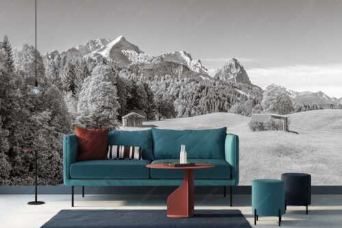 Wiesen bei Wamberg mit Blick zum Zugspitzmassiv - Herbstanfang - Fototapete - Größe ca. 400x200cm, Seitenverhältnis 2:1 - Alpspitze Zugspitze Waxenstein - weitere Infos unter https://www.kriner-weiermann.de