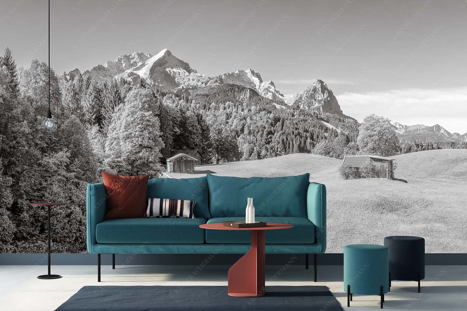 Herbstanfang – Fototapete – Größe ca. 400x200cm, Seitenverhältnis 2:1 — Alpspitze Zugspitze Waxenstein Wiesen bei Wamberg mit Blick zum Zugspitzmassiv - Herbstanfang - Fototapete - Größe ca. 400x200cm, Seitenverhältnis 2:1 - Alpspitze Zugspitze Waxenstein - weitere Infos unter https://www.kriner-weiermann.de