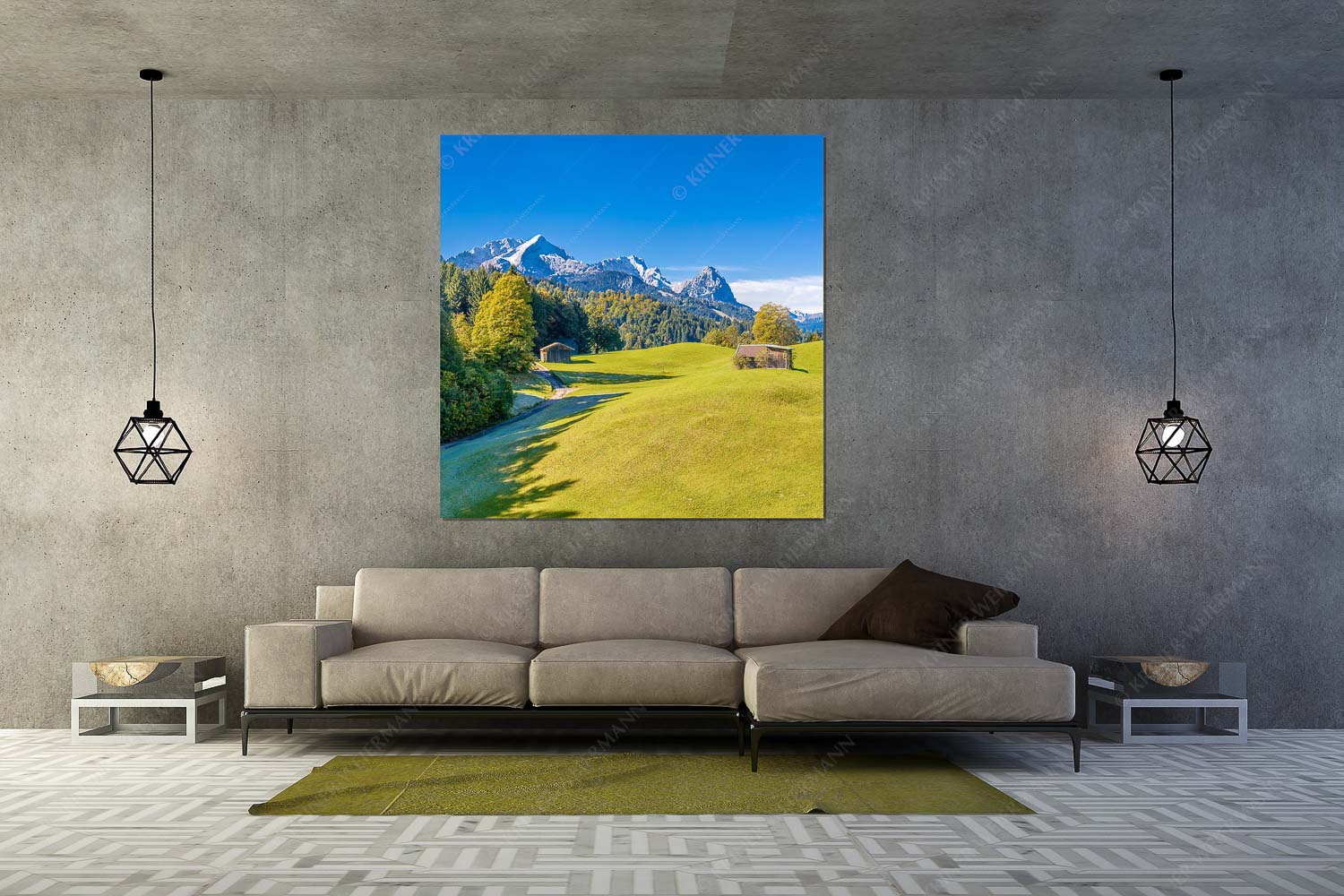 Herbstanfang – Wandbild – Größe ca. 160x160cm, Seitenverhältnis 1:1 — Alpspitze Zugspitze Waxenstein Wiesen bei Wamberg mit Blick zum Zugspitzmassiv - Herbstanfang - Wandbild - Größe ca. 160x160cm, Seitenverhältnis 1:1 - Alpspitze Zugspitze Waxenstein - weitere Infos unter https://www.kriner-weiermann.de