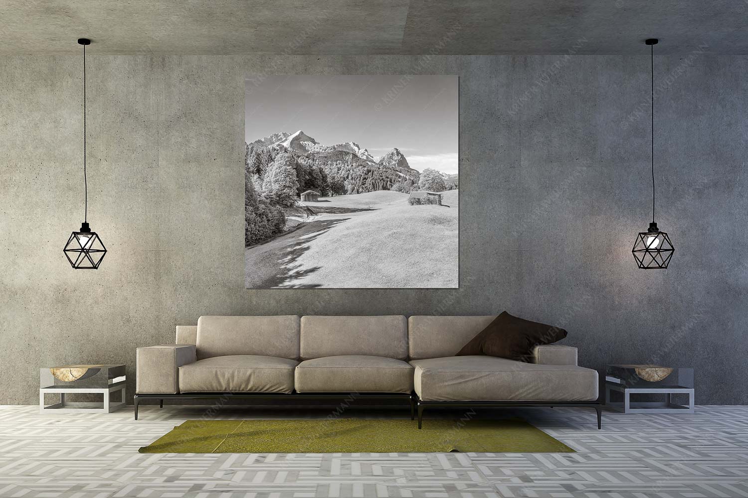 Wiesen bei Wamberg mit Blick zum Zugspitzmassiv - Herbstanfang - Wandbild - Größe ca. 160x160cm, Seitenverhältnis 1:1 - Alpspitze Zugspitze Waxenstein - weitere Infos unter https://www.kriner-weiermann.de
