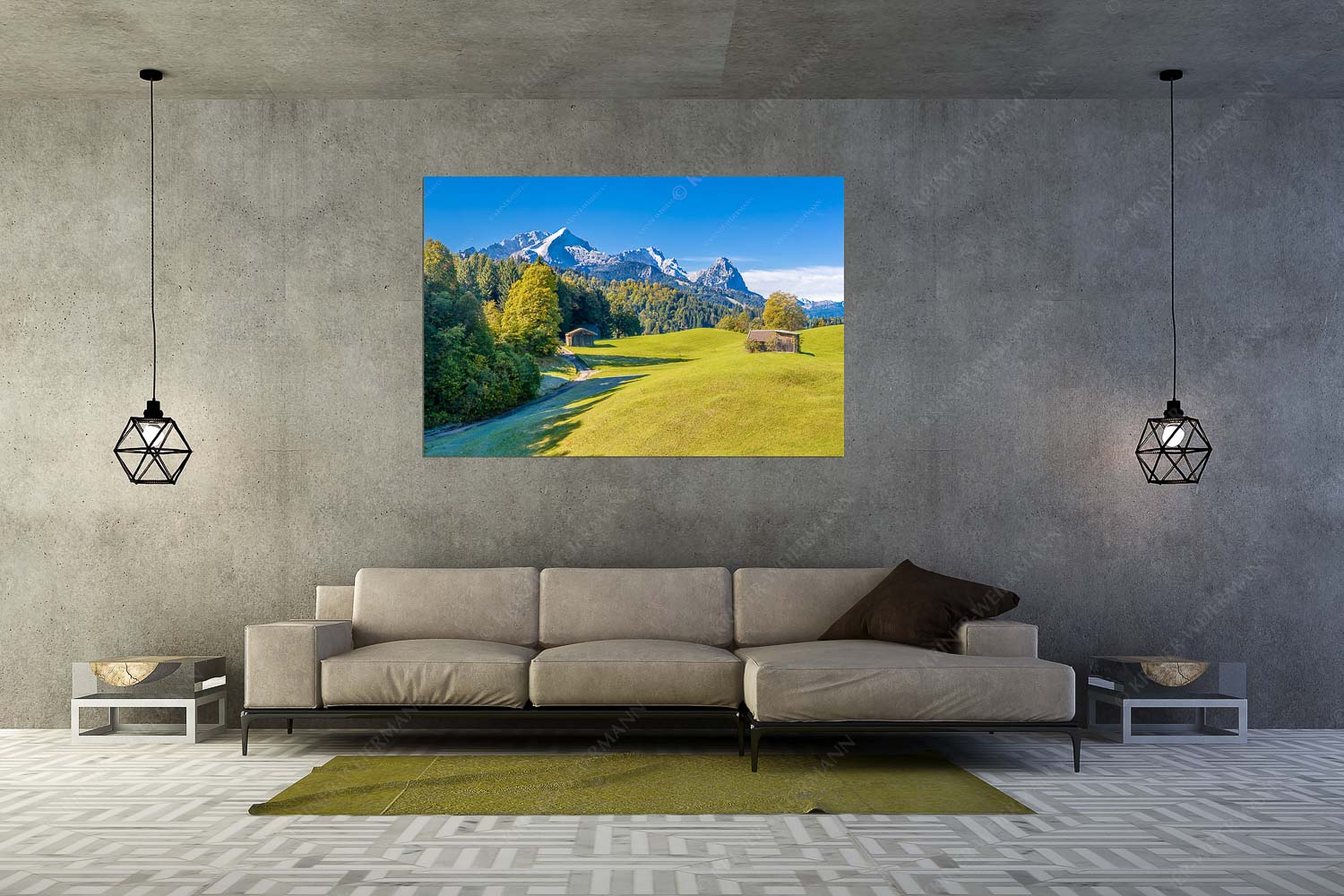 Herbstanfang – Wandbild – Größe ca. 180x120cm, Seitenverhältnis 3:2 — Alpspitze Zugspitze Waxenstein Wiesen bei Wamberg mit Blick zum Zugspitzmassiv - Herbstanfang - Wandbild - Größe ca. 180x120cm, Seitenverhältnis 3:2 - Alpspitze Zugspitze Waxenstein - weitere Infos unter https://www.kriner-weiermann.de