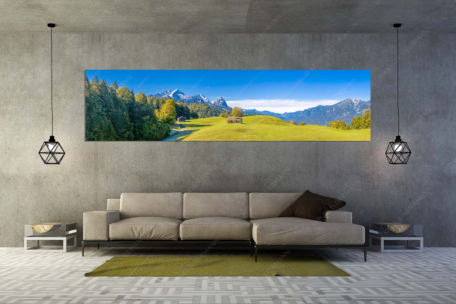 Herbstanfang – Wandbild – Größe ca. 320x80cm, Seitenverhältnis 4:1 — Alpspitze Zugspitze Waxenstein Wiesen bei Wamberg mit Blick zum Zugspitzmassiv - Herbstanfang - Wandbild - Größe ca. 320x80cm, Seitenverhältnis 4:1 - Alpspitze Zugspitze Waxenstein - weitere Infos unter https://www.kriner-weiermann.de