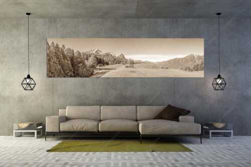 Wiesen bei Wamberg mit Blick zum Zugspitzmassiv - Herbstanfang - Wandbild - Größe ca. 320x80cm, Seitenverhältnis 4:1 - Alpspitze Zugspitze Waxenstein - weitere Infos unter https://www.kriner-weiermann.de