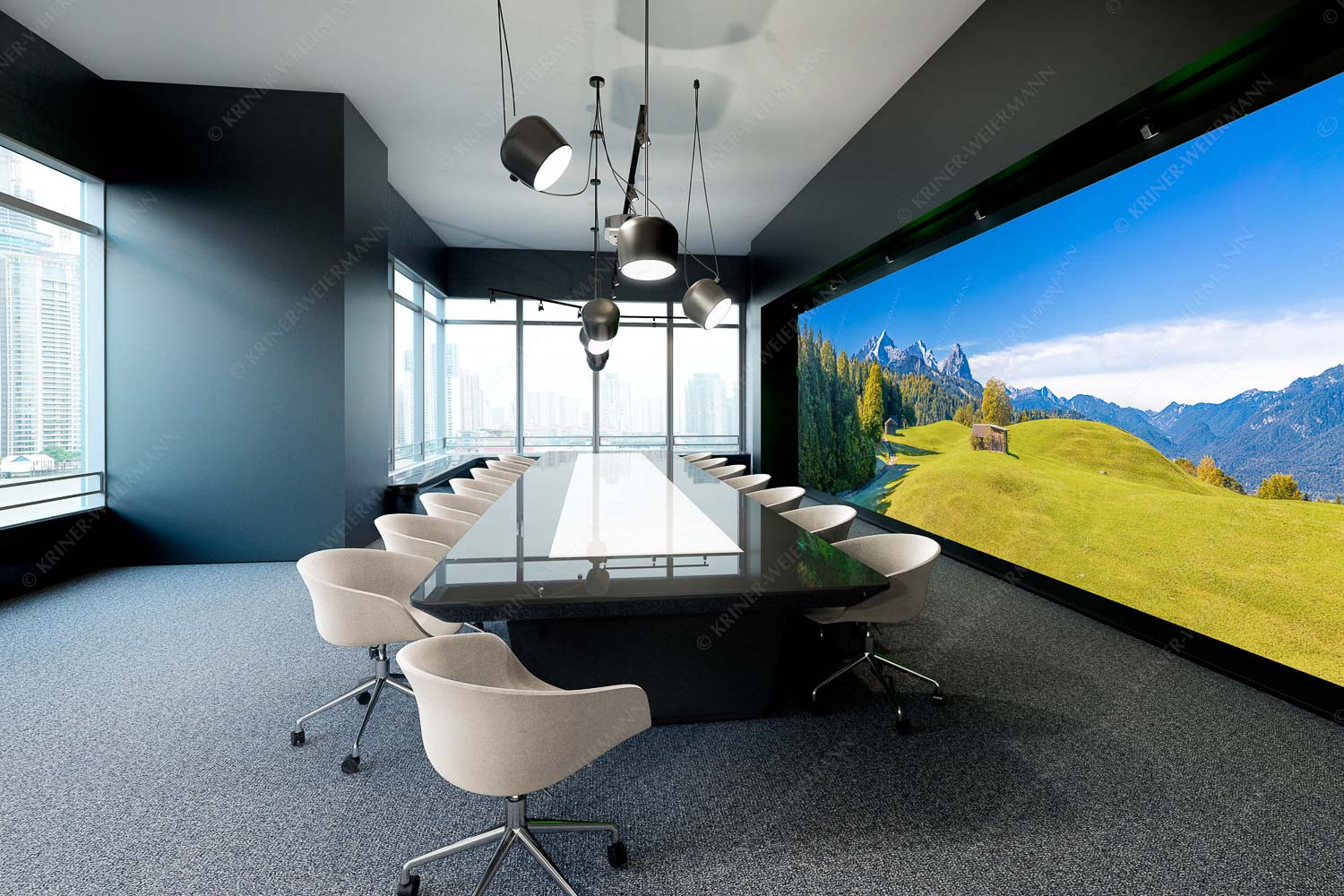 Herbstanfang – Akustikbild – Größe ca. 600x200cm, Seitenverhältnis 3:1 — Alpspitze Zugspitze Waxenstein Wiesen bei Wamberg mit Blick zum Zugspitzmassiv - Herbstanfang - Akustikbild - Größe ca. 600x200cm, Seitenverhältnis 3:1 - Alpspitze Zugspitze Waxenstein - weitere Infos unter https://www.kriner-weiermann.de