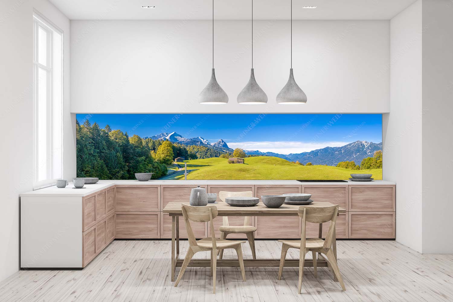 Herbstanfang – Küchenrückwand – Größe ca. 400x100cm, Seitenverhältnis 4:1 — Alpspitze Zugspitze Waxenstein Wiesen bei Wamberg mit Blick zum Zugspitzmassiv - Herbstanfang - Küchenrückwand - Größe ca. 400x100cm, Seitenverhältnis 4:1 - Alpspitze Zugspitze Waxenstein - weitere Infos unter https://www.kriner-weiermann.de