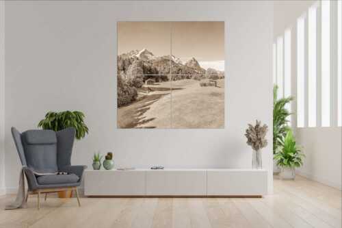Wiesen bei Wamberg mit Blick zum Zugspitzmassiv - Herbstanfang - Wandbild - 4er Split, Größe ca. 180x180cm, Seitenverhältnis 1:1 - Alpspitze Zugspitze Waxenstein - weitere Infos unter https://www.kriner-weiermann.de