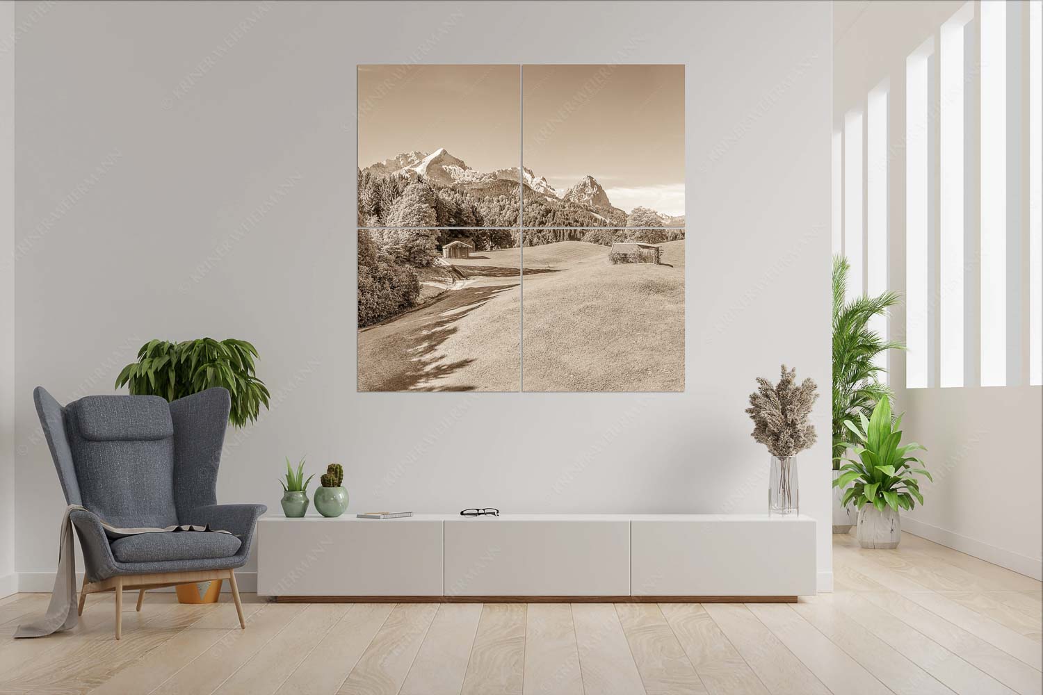 Wiesen bei Wamberg mit Blick zum Zugspitzmassiv - Herbstanfang - Wandbild - 4er Split, Größe ca. 180x180cm, Seitenverhältnis 1:1 - Alpspitze Zugspitze Waxenstein - weitere Infos unter https://www.kriner-weiermann.de