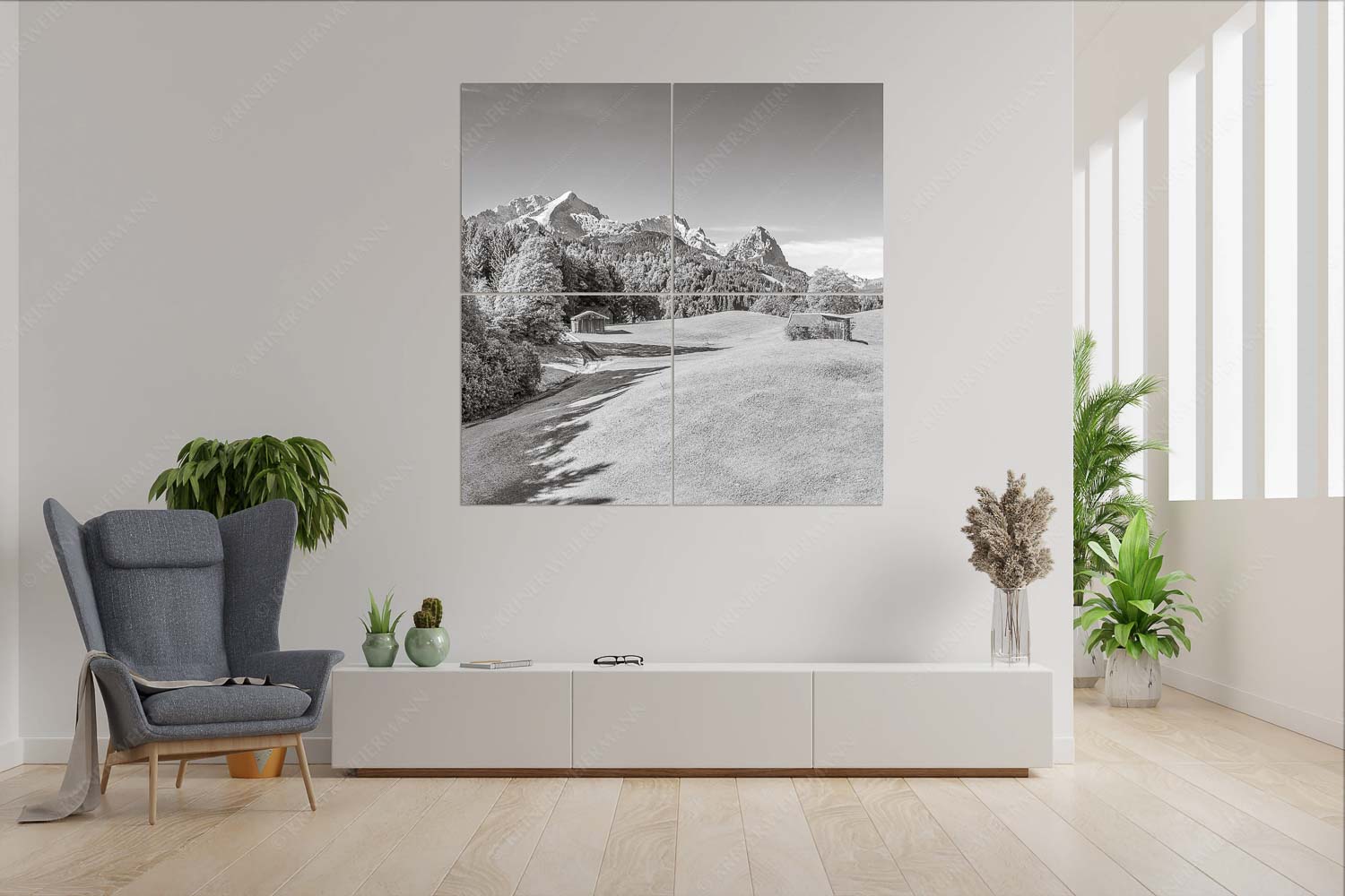 Herbstanfang – Wandbild – 4er Split, Größe ca. 180x180cm, Seitenverhältnis 1:1 — Alpspitze Zugspitze Waxenstein Wiesen bei Wamberg mit Blick zum Zugspitzmassiv - Herbstanfang - Wandbild - 4er Split, Größe ca. 180x180cm, Seitenverhältnis 1:1 - Alpspitze Zugspitze Waxenstein - weitere Infos unter https://www.kriner-weiermann.de