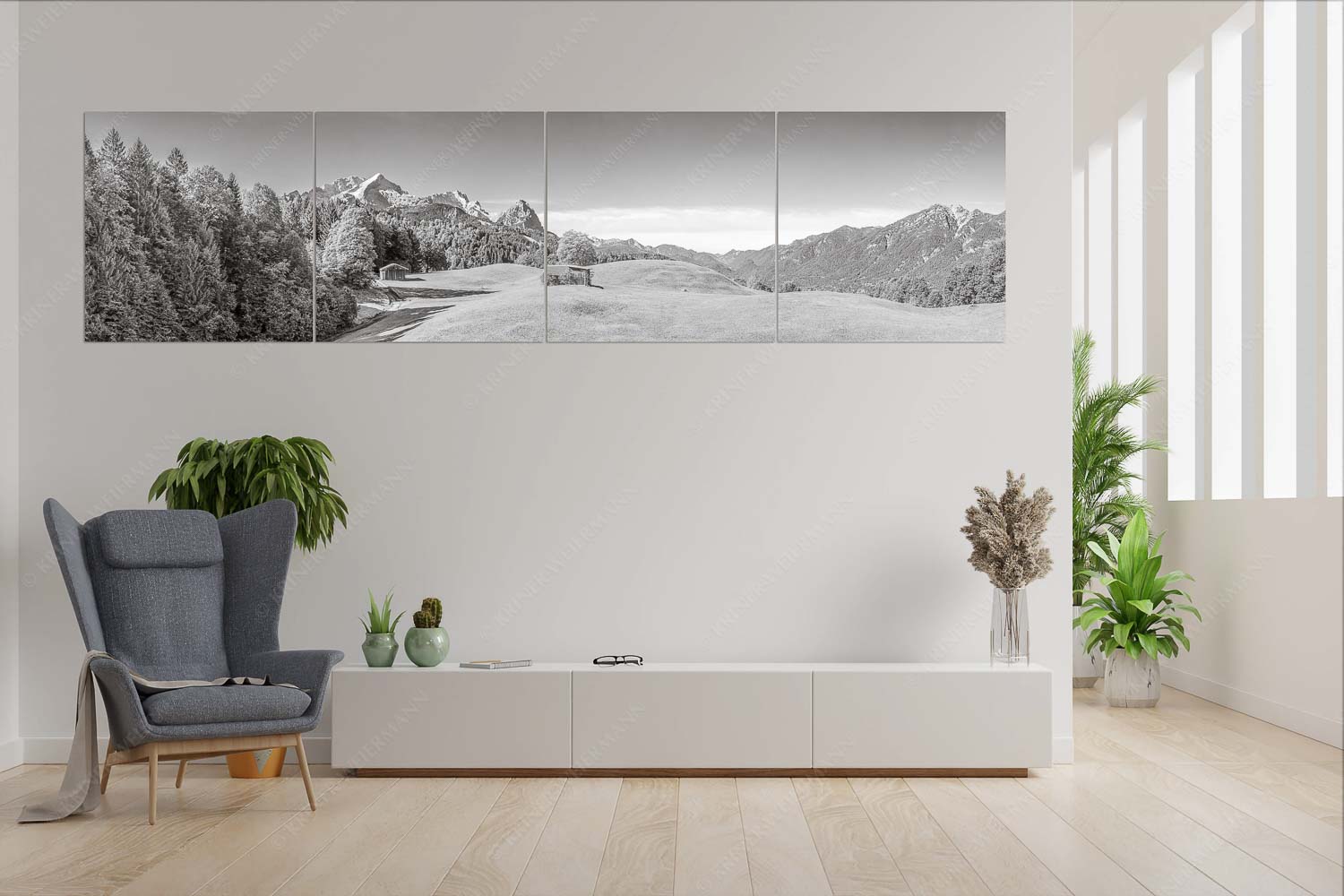 Herbstanfang – Wandbild – 4er Split, Größe ca. 280x70cm, Seitenverhältnis 4:1 — Alpspitze Zugspitze Waxenstein Wiesen bei Wamberg mit Blick zum Zugspitzmassiv - Herbstanfang - Wandbild - 4er Split, Größe ca. 280x70cm, Seitenverhältnis 4:1 - Alpspitze Zugspitze Waxenstein - weitere Infos unter https://www.kriner-weiermann.de
