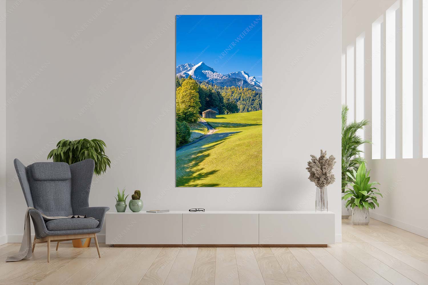 Herbstanfang – Wandbild – Größe ca. 90x180cm, Seitenverhältnis 1:2 — Alpspitze Zugspitze Waxenstein Wiesen bei Wamberg mit Blick zum Zugspitzmassiv - Herbstanfang - Wandbild - Größe ca. 90x180cm, Seitenverhältnis 1:2 - Alpspitze Zugspitze Waxenstein - weitere Infos unter https://www.kriner-weiermann.de