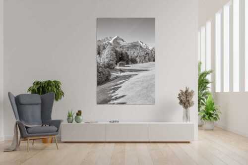 Wiesen bei Wamberg mit Blick zum Zugspitzmassiv - Herbstanfang - Wandbild - Größe ca. 120x180cm, Seitenverhältnis 2:3 - Alpspitze Zugspitze Waxenstein - weitere Infos unter https://www.kriner-weiermann.de