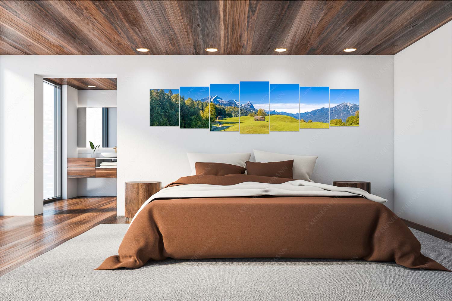 Herbstanfang – Wandbild – 7er Split, Größe ca. 300x75cm, Seitenverhältnis 4:1 — Alpspitze Zugspitze Waxenstein Wiesen bei Wamberg mit Blick zum Zugspitzmassiv - Herbstanfang - Wandbild - 7er Split, Größe ca. 300x75cm, Seitenverhältnis 4:1 - Alpspitze Zugspitze Waxenstein - weitere Infos unter https://www.kriner-weiermann.de