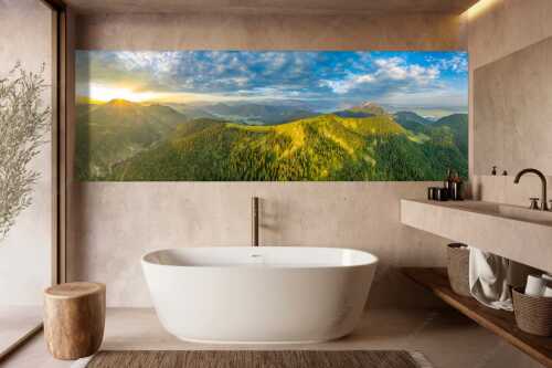 Sonnenaufgang über Benediktenwand mit Jachenau und Walchensee - Licht über dem Land - Wandbild - Größe ca. 300x100cm, Seitenverhältnis 3:1 - Hirschhörnlkopf Pfundalm Benediktenwand - weitere Infos unter https://www.kriner-weiermann.de