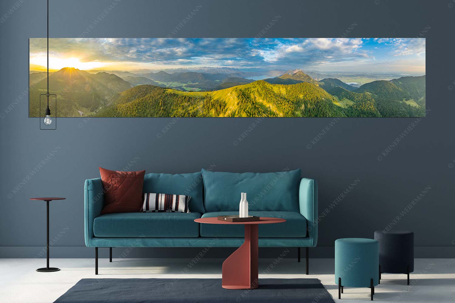 Sonnenaufgang über Benediktenwand mit Jachenau und Walchensee - Licht über dem Land - Wandbild - Größe ca. 350x70cm, Seitenverhältnis 5:1 - Hirschhörnlkopf Pfundalm Benediktenwand - weitere Infos unter https://www.kriner-weiermann.de