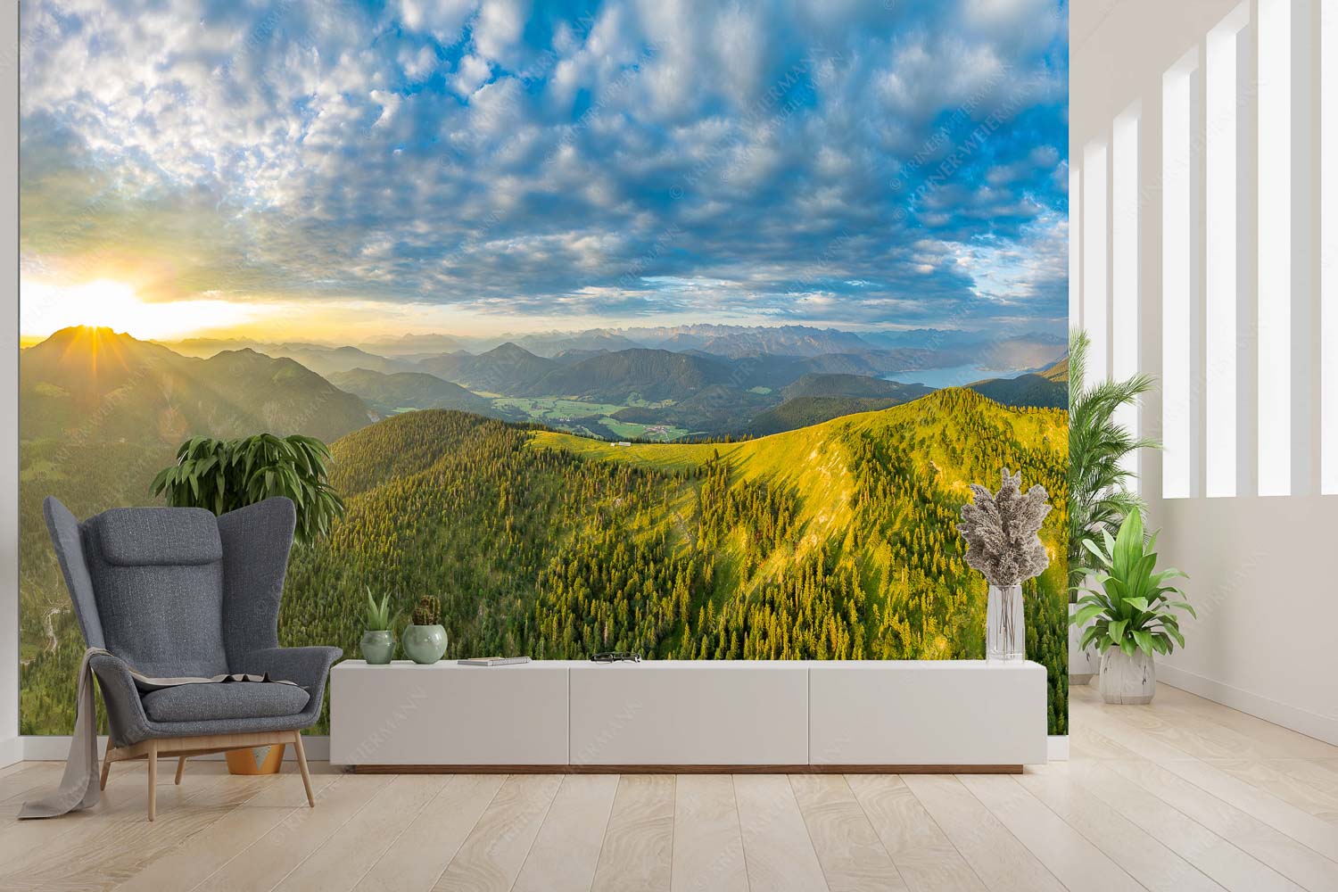 Licht über dem Land – Fototapete – Größe ca. 300x200cm, Seitenverhältnis 3:2 — Hirschhörnlkopf Pfundalm Benediktenwand Sonnenaufgang über Benediktenwand mit Jachenau und Walchensee - Licht über dem Land - Fototapete - Größe ca. 300x200cm, Seitenverhältnis 3:2 - Hirschhörnlkopf Pfundalm Benediktenwand - weitere Infos unter https://www.kriner-weiermann.de