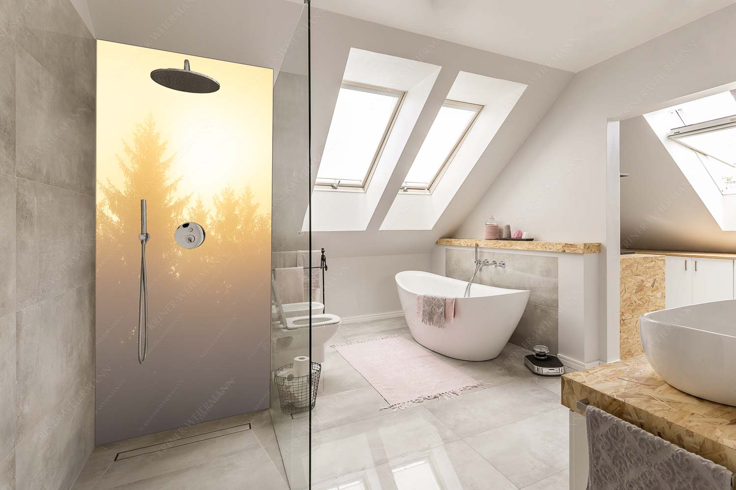 Lichtwerden – Alu-Dibond Badezimmer Bild – Größe ca. 110x220cm, Seitenverhältnis 1:2 — Sonne Nebel Wald Sonnenaufgang im Nebel - Lichtwerden - Alu-Dibond Badezimmer Bild - Größe ca. 110x220cm, Seitenverhältnis 1:2 - Sonne Nebel Wald - weitere Infos unter https://www.kriner-weiermann.de