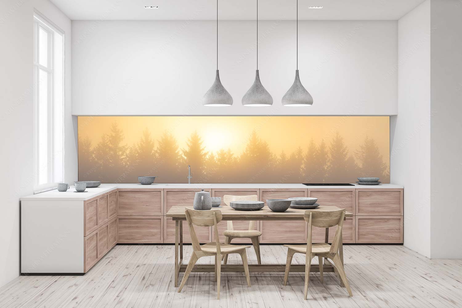 Sonnenaufgang im Nebel - Lichtwerden - Küchenrückwand - Größe ca. 400x100cm, Seitenverhältnis 4:1 - Sonne Nebel Wald - weitere Infos unter https://www.kriner-weiermann.de