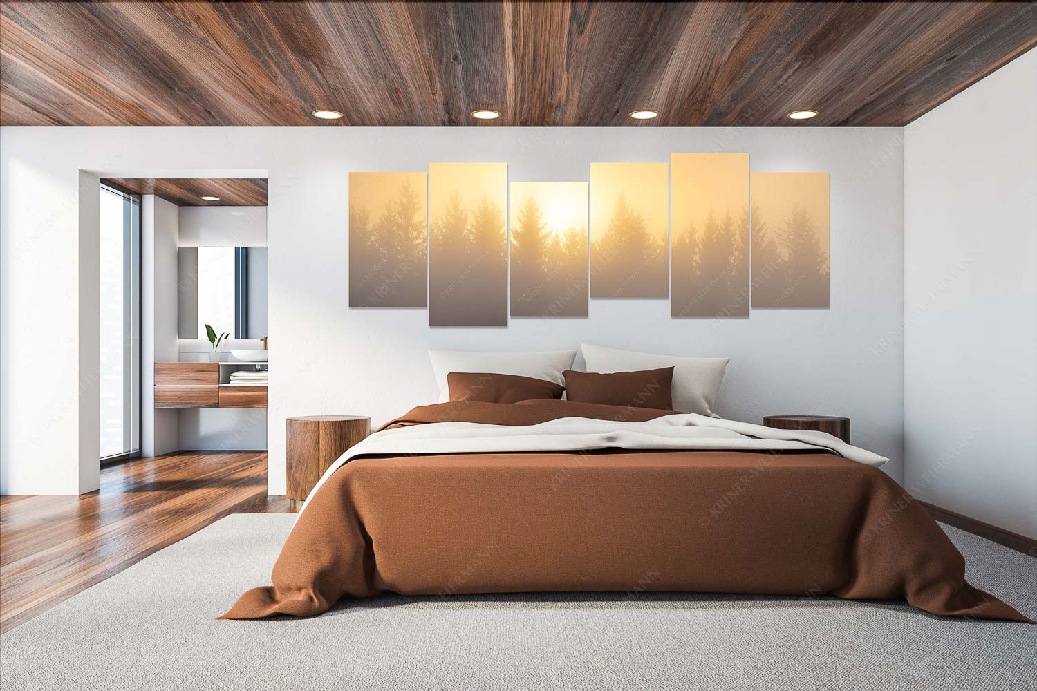 Lichtwerden – Wandbild – 6er Split, Größe ca. 280x112cm, Seitenverhältnis 2,5:1 — Sonne Nebel Wald Sonnenaufgang im Nebel - Lichtwerden - Wandbild - 6er Split, Größe ca. 280x112cm, Seitenverhältnis 2,5:1 - Sonne Nebel Wald - weitere Infos unter https://www.kriner-weiermann.de