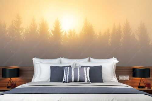 Sonnenaufgang im Nebel - Lichtwerden - Fototapete - Größe ca. 350x140cm, Seitenverhältnis 2,5:1 - Sonne Nebel Wald - weitere Infos unter https://www.kriner-weiermann.de