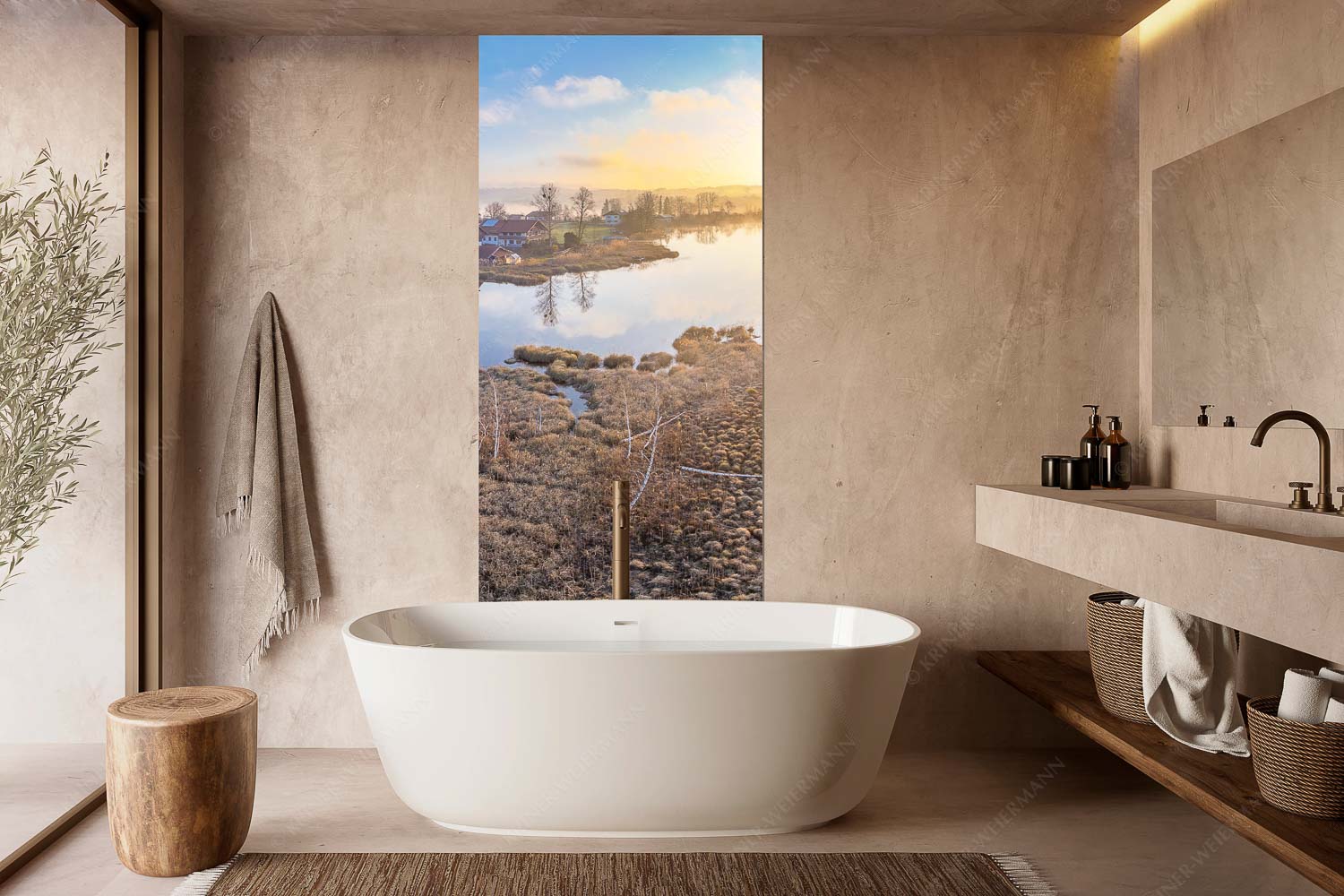 Morgens in Froschhausen – Wandbild – Größe ca. 100x200cm, Seitenverhältnis 1:2 — Froschhausener See mit Kirche Blick über den Froschhauser See in den Sonnenaufgang - Morgens in Froschhausen - Wandbild - Größe ca. 100x200cm, Seitenverhältnis 1:2 - Froschhausener See mit Kirche - weitere Infos unter https://www.kriner-weiermann.de