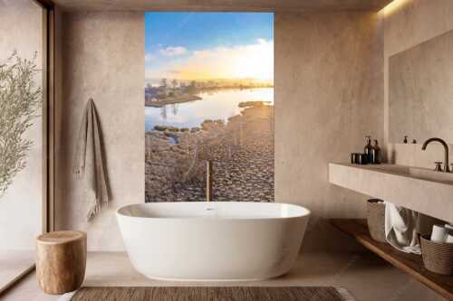 Blick über den Froschhauser See in den Sonnenaufgang - Morgens in Froschhausen - Wandbild - Größe ca. 160x240cm, Seitenverhältnis 2:3 - Froschhausener See mit Kirche - weitere Infos unter https://www.kriner-weiermann.de