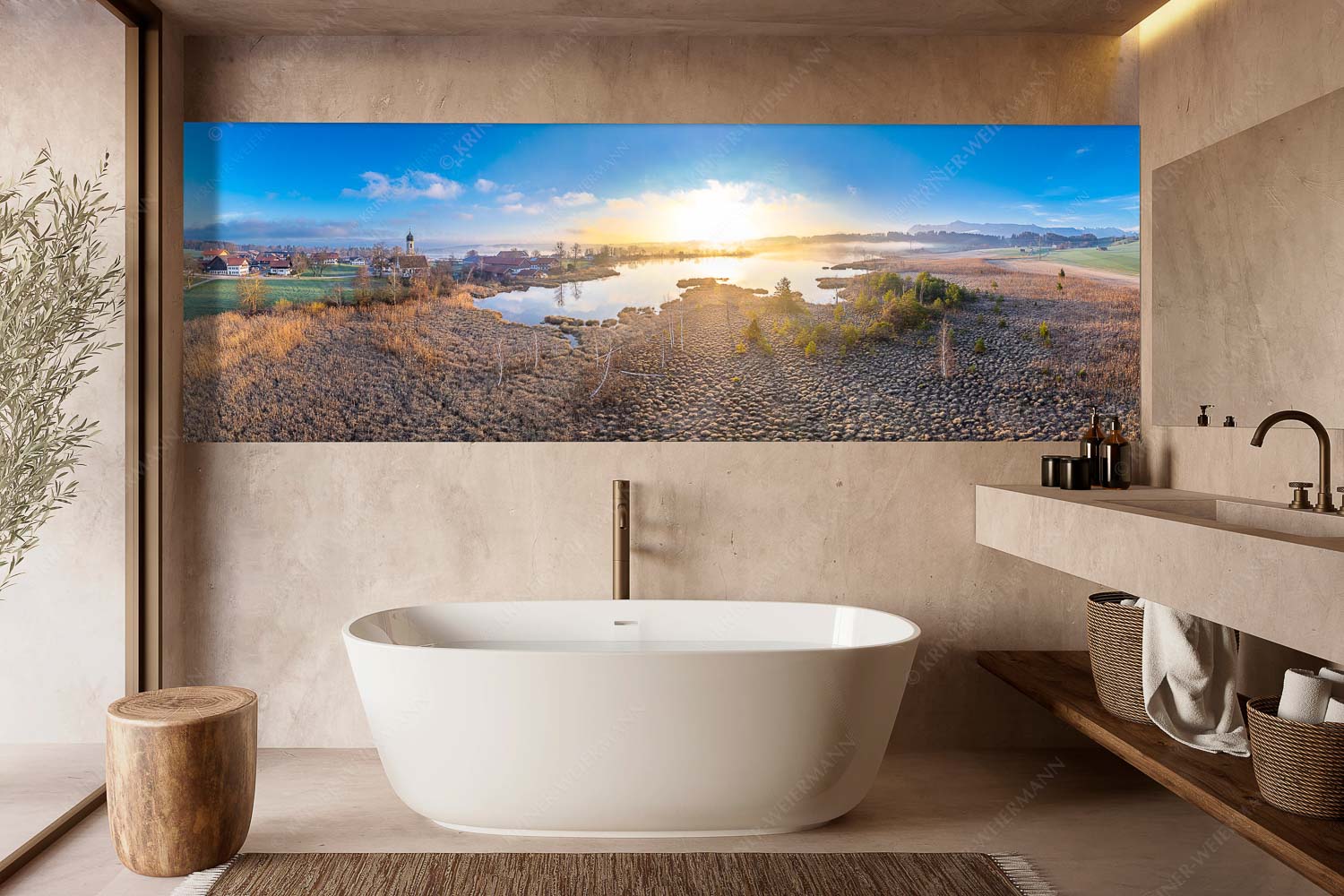 Morgens in Froschhausen – Wandbild – Größe ca. 300x100cm, Seitenverhältnis 3:1 — Froschhausener See mit Kirche Blick über den Froschhauser See in den Sonnenaufgang - Morgens in Froschhausen - Wandbild - Größe ca. 300x100cm, Seitenverhältnis 3:1 - Froschhausener See mit Kirche - weitere Infos unter https://www.kriner-weiermann.de