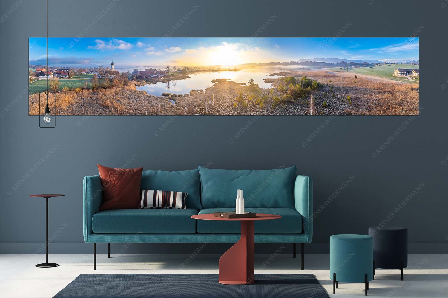Morgens in Froschhausen – Wandbild – Größe ca. 350x70cm, Seitenverhältnis 5:1 — Froschhausener See mit Kirche Blick über den Froschhauser See in den Sonnenaufgang - Morgens in Froschhausen - Wandbild - Größe ca. 350x70cm, Seitenverhältnis 5:1 - Froschhausener See mit Kirche - weitere Infos unter https://www.kriner-weiermann.de