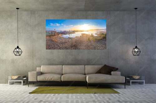 Blick über den Froschhauser See in den Sonnenaufgang - Morgens in Froschhausen - Wandbild - Größe ca. 200x100cm, Seitenverhältnis 2:1 - Froschhausener See mit Kirche - weitere Infos unter https://www.kriner-weiermann.de