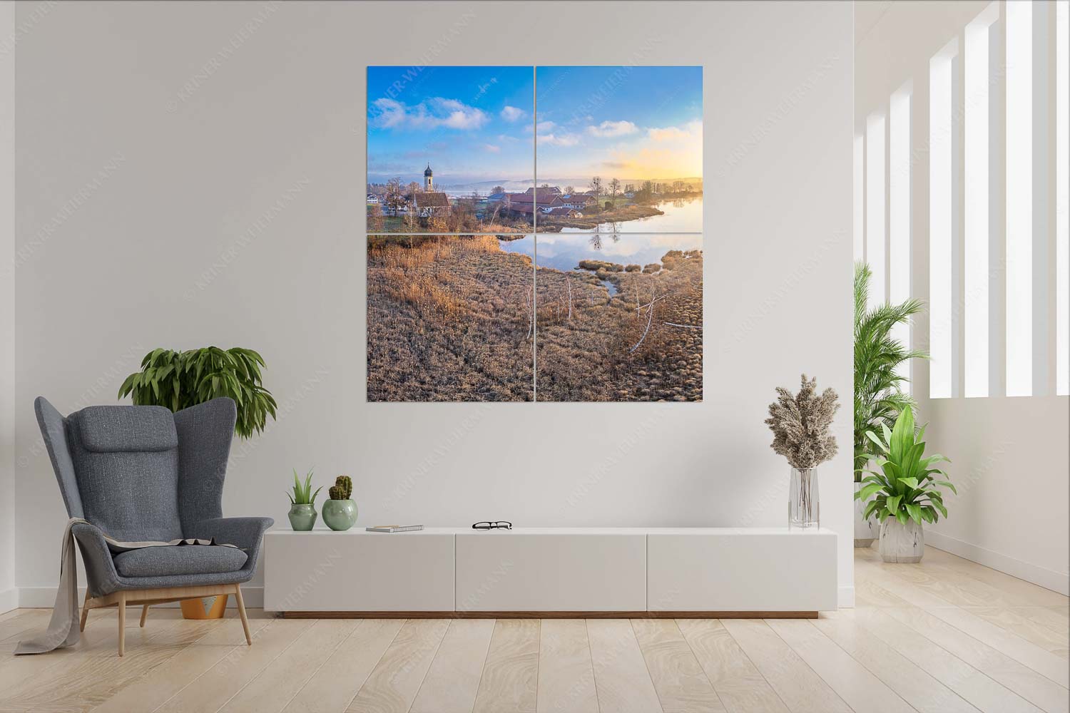 Morgens in Froschhausen – Wandbild – 4er Split, Größe ca. 180x180cm, Seitenverhältnis 1:1 — Froschhausener See mit Kirche Blick über den Froschhauser See in den Sonnenaufgang - Morgens in Froschhausen - Wandbild - 4er Split, Größe ca. 180x180cm, Seitenverhältnis 1:1 - Froschhausener See mit Kirche - weitere Infos unter https://www.kriner-weiermann.de