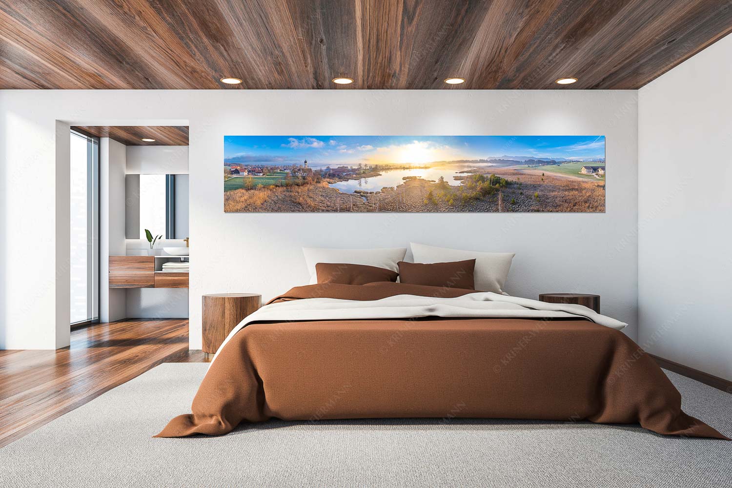 Morgens in Froschhausen – Wandbild – Größe ca. 300x60cm, Seitenverhältnis 5:1 — Froschhausener See mit Kirche Blick über den Froschhauser See in den Sonnenaufgang - Morgens in Froschhausen - Wandbild - Größe ca. 300x60cm, Seitenverhältnis 5:1 - Froschhausener See mit Kirche - weitere Infos unter https://www.kriner-weiermann.de