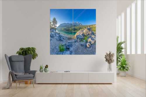 Blick über den Eibsee zur Zugspitze - Ruhe vor dem Sturm - Wandbild - 4er Split, Größe ca. 180x180cm, Seitenverhältnis 1:1 - Eibsee Zugspitze Wetterstein - weitere Infos unter https://www.kriner-weiermann.de