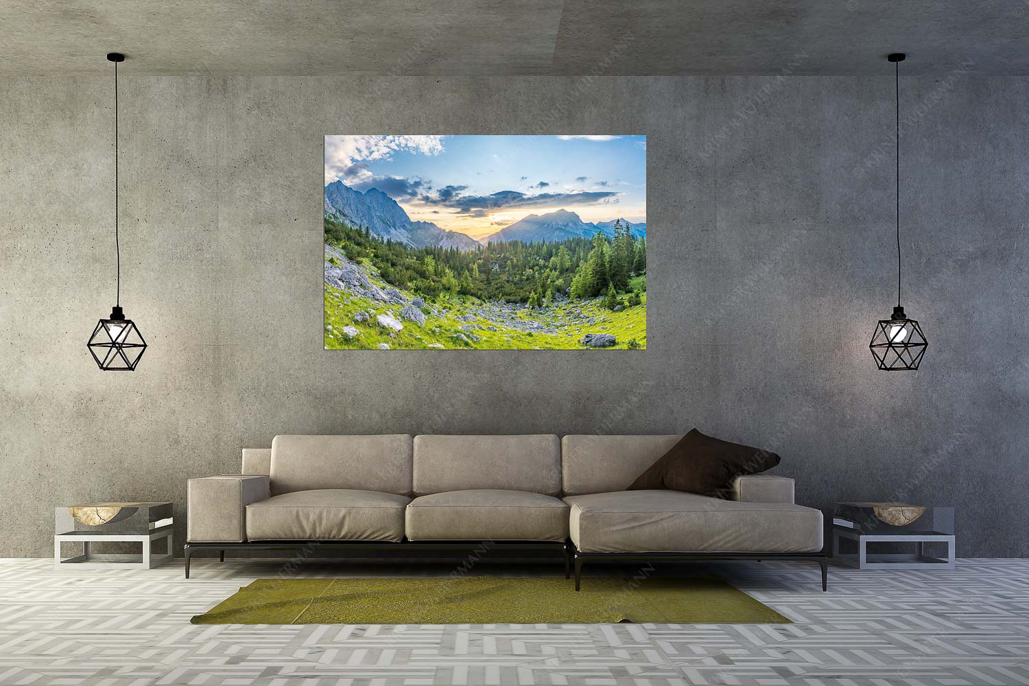 Schea – Wandbild – Größe ca. 180x120cm, Seitenverhältnis 3:2 — Karwendel Soiern Blick zum Sonnenuntergang an der Reißenden Lahnspitze - Schea - Wandbild - Größe ca. 180x120cm, Seitenverhältnis 3:2 - Karwendel Soiern - weitere Infos unter https://www.kriner-weiermann.de