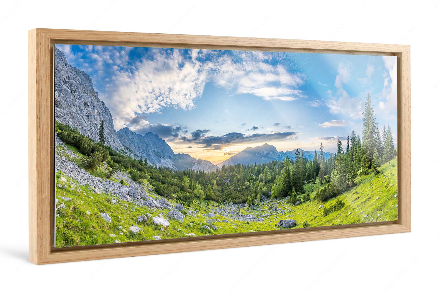 Schea – Foto im Schattenfugen-Rahmen, Seitenverhältnis 2:1 — Karwendel Soiern Blick zum Sonnenuntergang an der Reißenden Lahnspitze - Schea - Foto im Schattenfugen-Rahmen, Seitenverhältnis 2:1 - Karwendel Soiern - weitere Infos unter https://www.kriner-weiermann.de