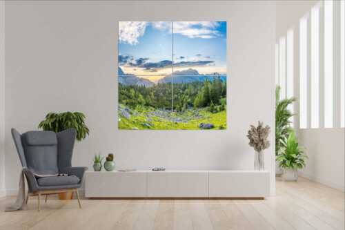 Blick zum Sonnenuntergang an der Reißenden Lahnspitze - Schea - Wandbild - 4er Split, Größe ca. 180x180cm, Seitenverhältnis 1:1 - Karwendel Soiern - weitere Infos unter https://www.kriner-weiermann.de